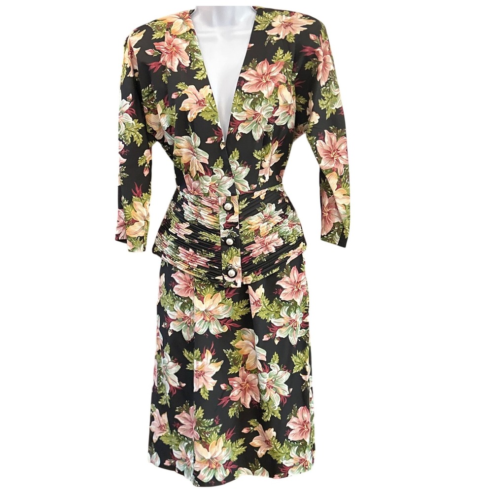 Vintage 80s Damon Petite ILGWU Floral Ruched Waist Two Piece Dress Set USA